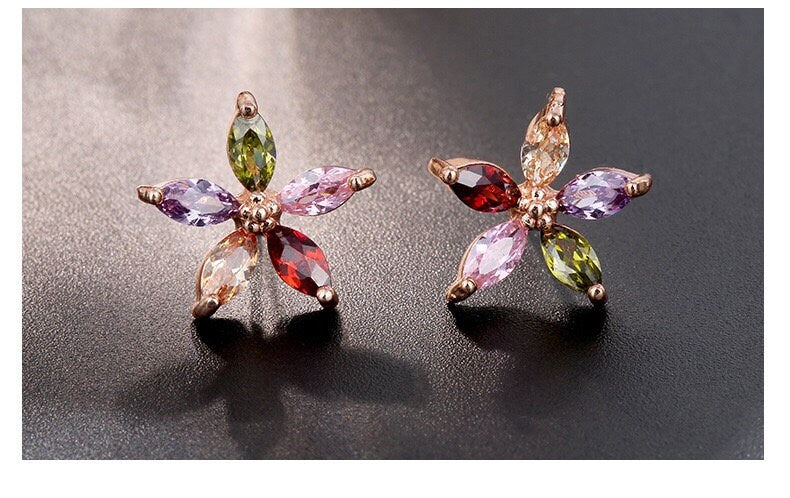 Buy one get free gift! Rainbow Red Pink Green Purple Orange Pentagram Rosegold Cubic Zirconic Zirconia Zircon Stud Earrings--Summer Flower!!