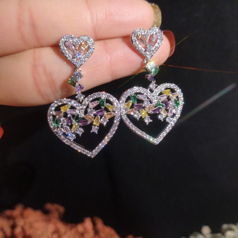 Super Dazzle Yellow Purple Orange Heart Cubic Zirconic Zircon Gemstone Earrings -- Love of My Heart!!