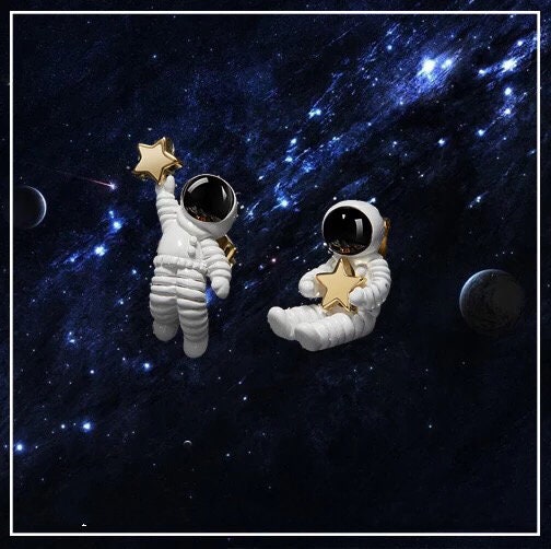 Best Seller S925 Sterling Silver Cute Couple Spacemen Buddy Astronaut Stars Stud Piercing and Clip on Earrings - Let's fly to the moon!!