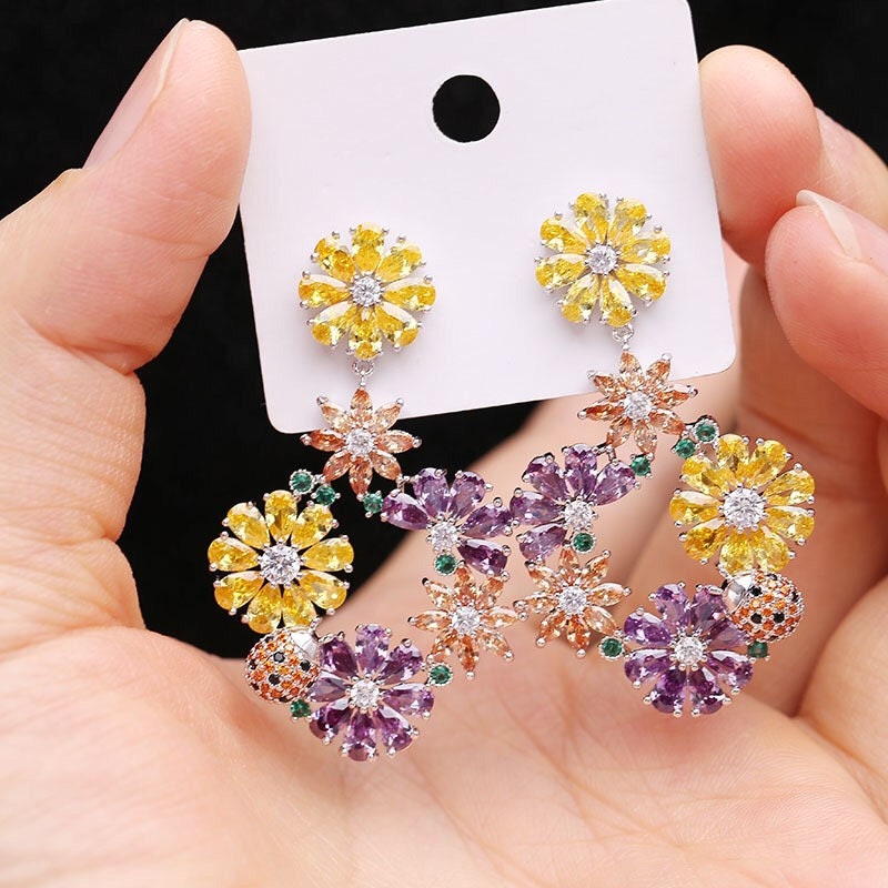 Dazzle Yellow Purple Orange Flowers Cubic Zirconic Zircon Gemstone Earrings Annual Dinner Christmas Party-- Beauty of Luxuriant Flowers!!