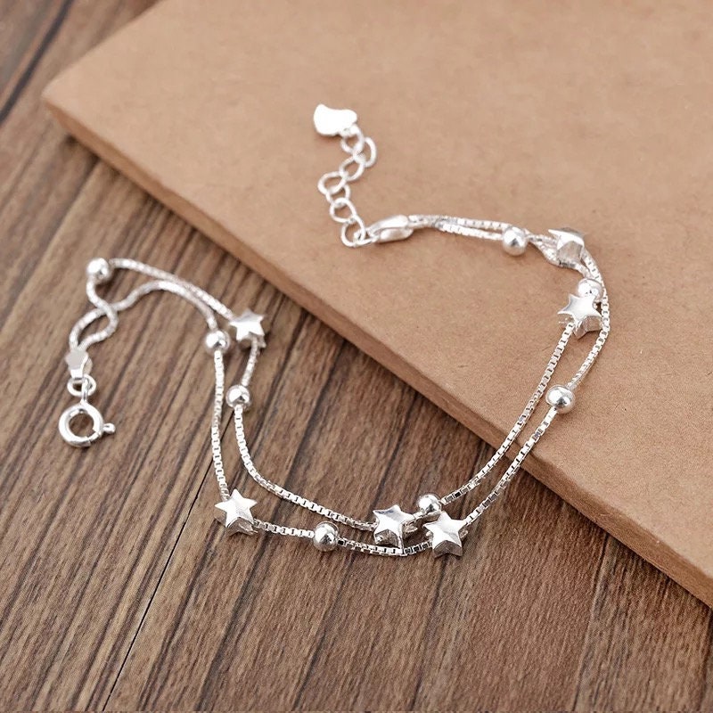 Sterling Silver 925 Tiny Little Stars Charm Bracelet Adjustable Length Lovely Double Layers Stars 925 Sterling Silver Bracelet -Stars River!