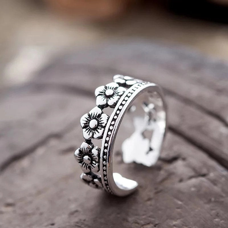 Vintage Floral Flowers Adjustable 925 Sterling Silver Plated Ring