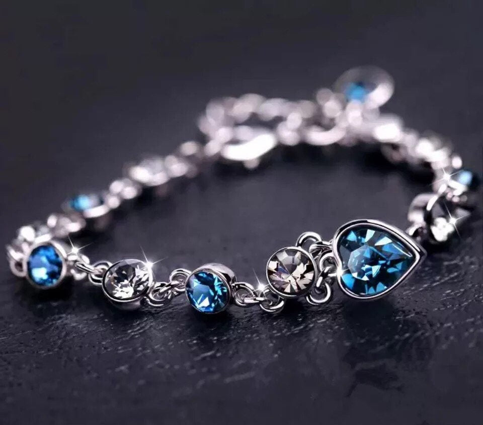 Swarovski Elements Crystal Heart Shape 925 Sterling Silver Plated Bracelet - Darling I love you!!