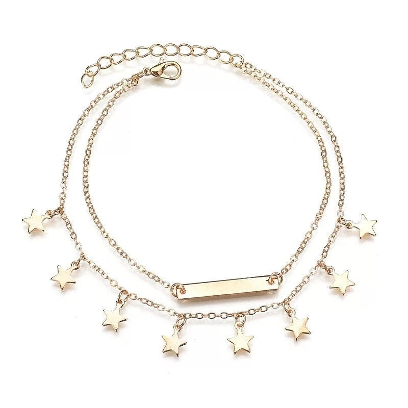 Unique Twinkle Stars Two Layers Double Chains Gold Anklet Gift for Girlfriend Sister Mother Daughter Her -- Walking Stars!