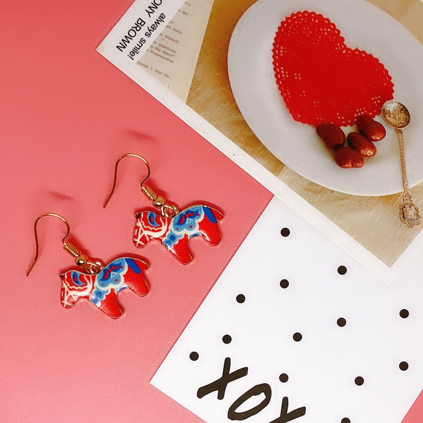 Enamel Cute Lovely Red Blue Horse Earrings -- Circus Act!!