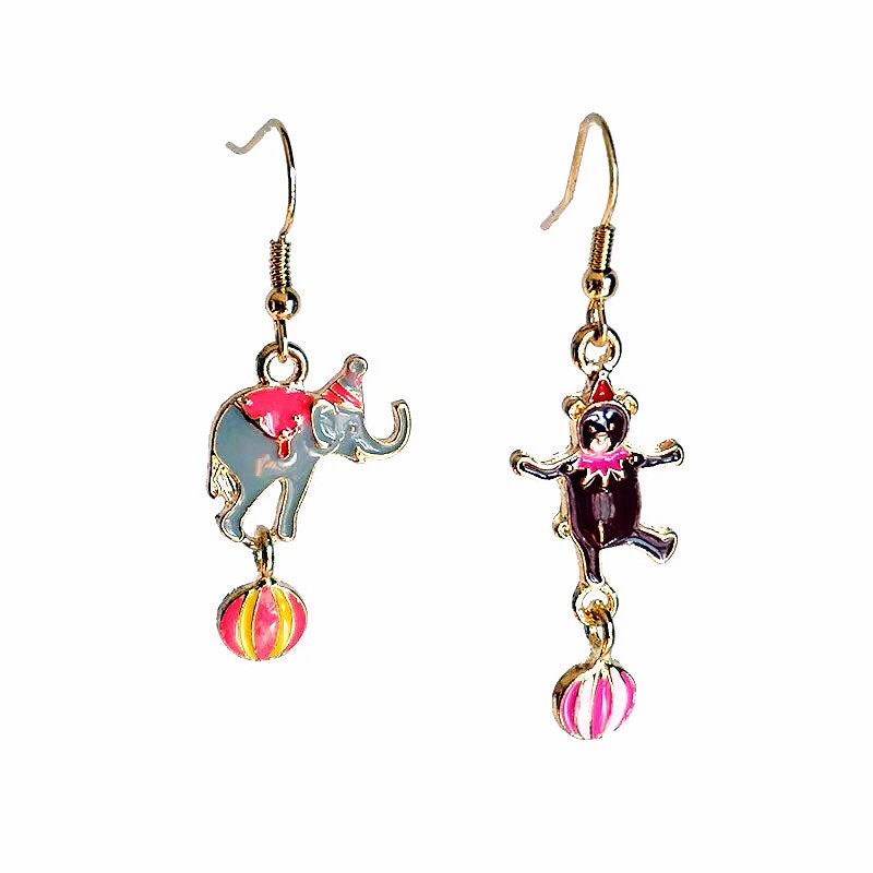 Funny Circus Enamel Cute Adorable Happy Circus Brown Bear and Grey Elephant Earrings -- Awesome Partner!