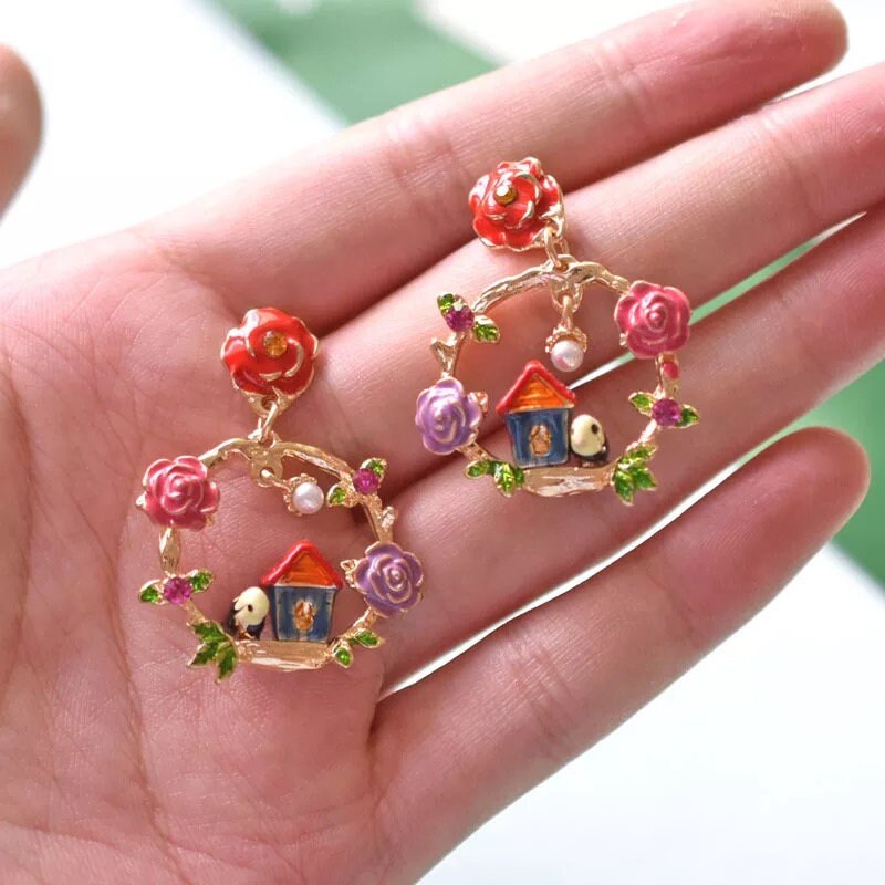 Enamel Red Pink Purple Rose Flowers Fancy House Circle Dangle Pearl Earrings -- Family and Love!!