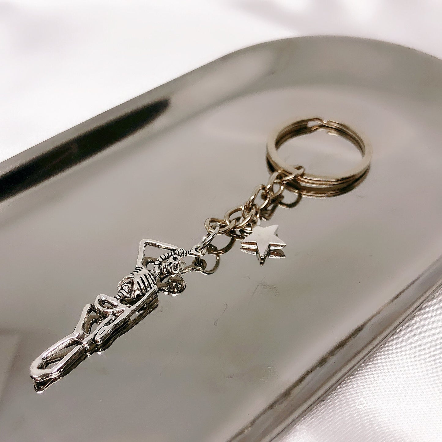 Hanging Skeleton and Star Silver Keyring Key Ring Keychain - See you on the other side!!