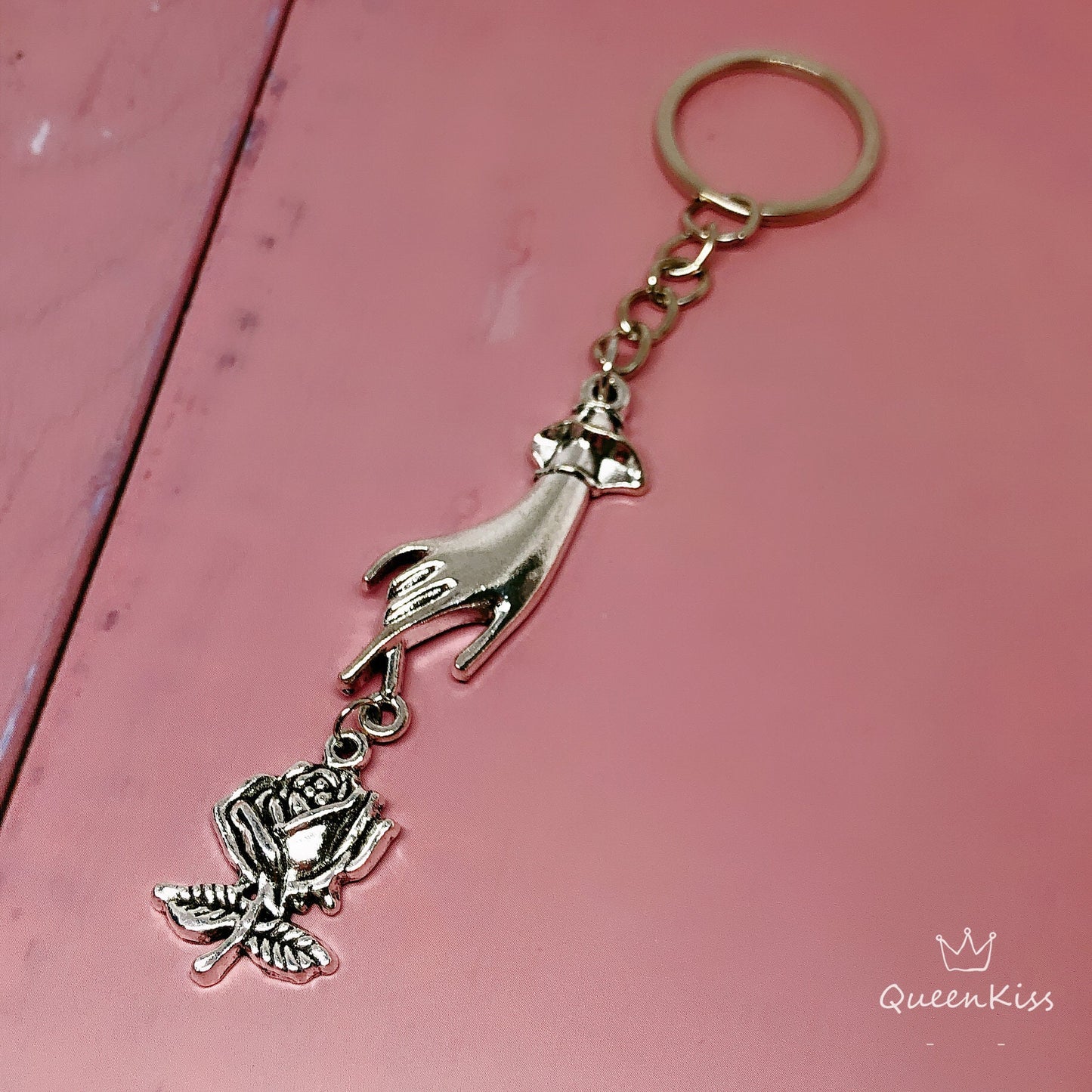 Hand and Rose and Star Silver Keyring Key Ring Keychain - Left a Lingering Frangrance!!