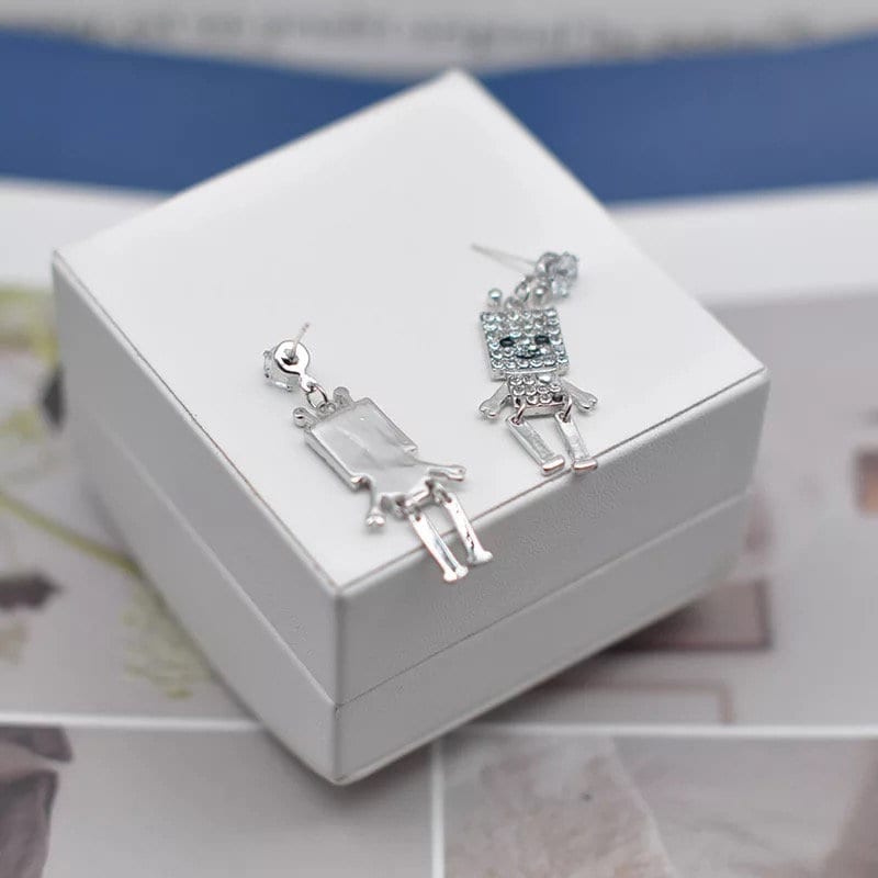 Sterling Silver Cute Robot Glittering Gemstones Earrings -- Forever Friendships!!