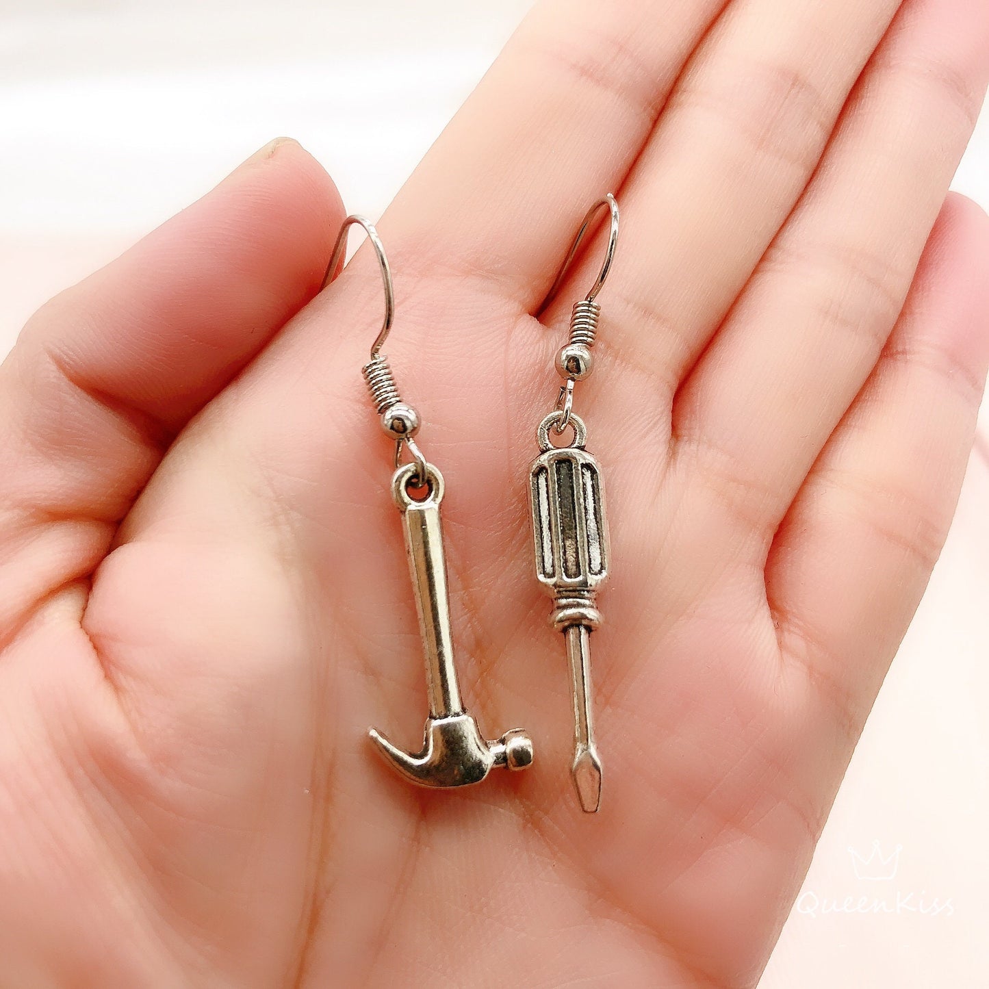 Cute Adorable Hammer and Screw Driver Tools Silver Earrings -- Perfect Partner!!