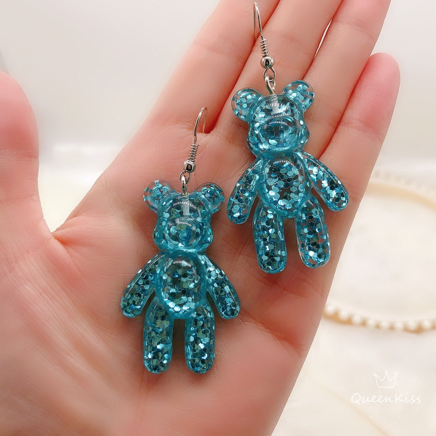Romantic and Adorable Teddy Bear Light Yellow Blue Sparkling Light Earrings -- Hugs me 3000!!
