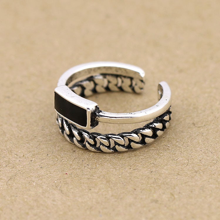 Cool Vintage Asymmetrical White and Black Cubic Zircon Adjustable Silver Ring