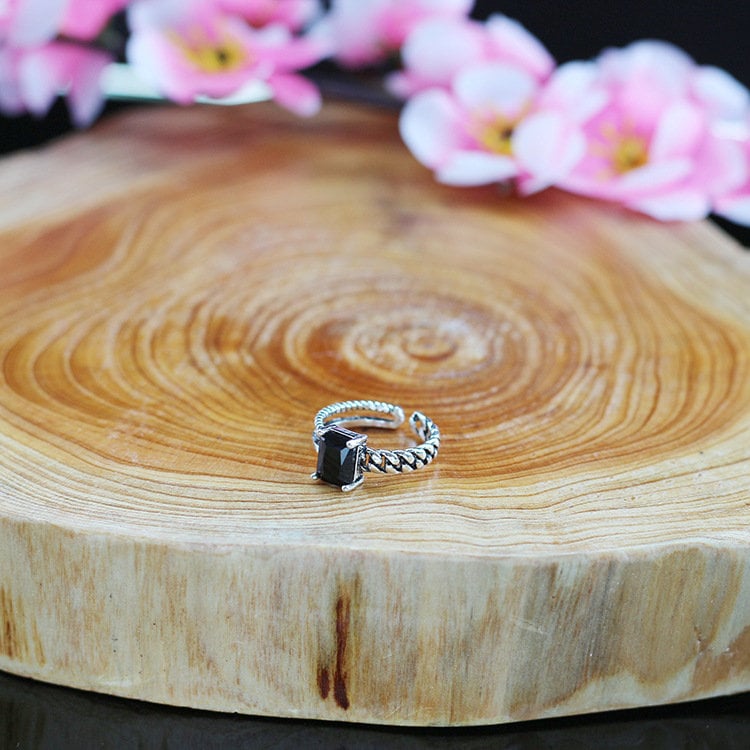 s925 Cool Vintage Asymmetrical White and Black Two Layers Cubic Zircon Adjustable Silver Ring
