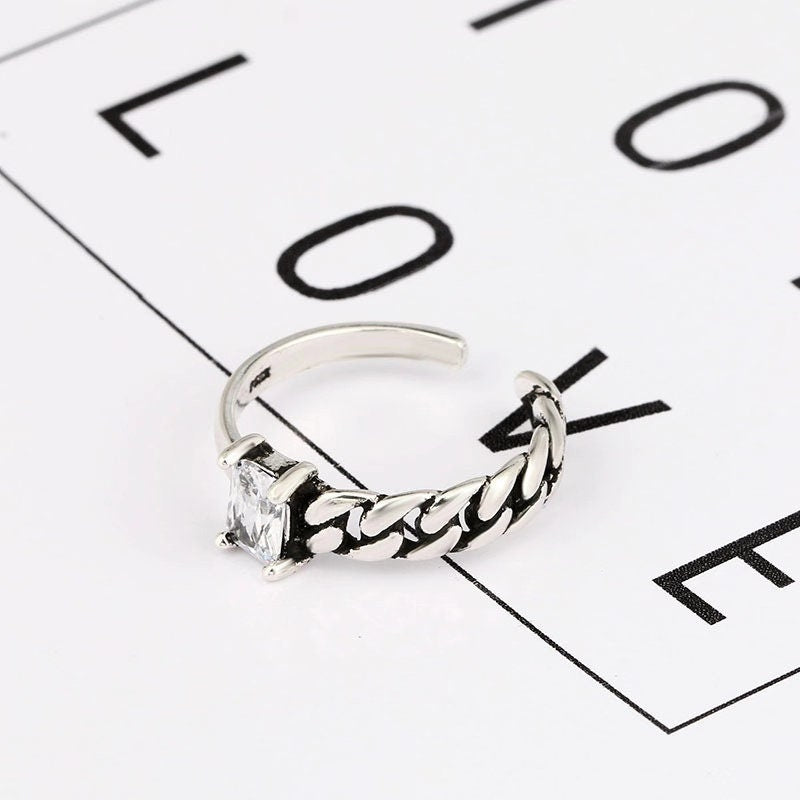 s925 Cool Vintage Asymmetrical White and Black Cubic Zircon Adjustable Silver Ring