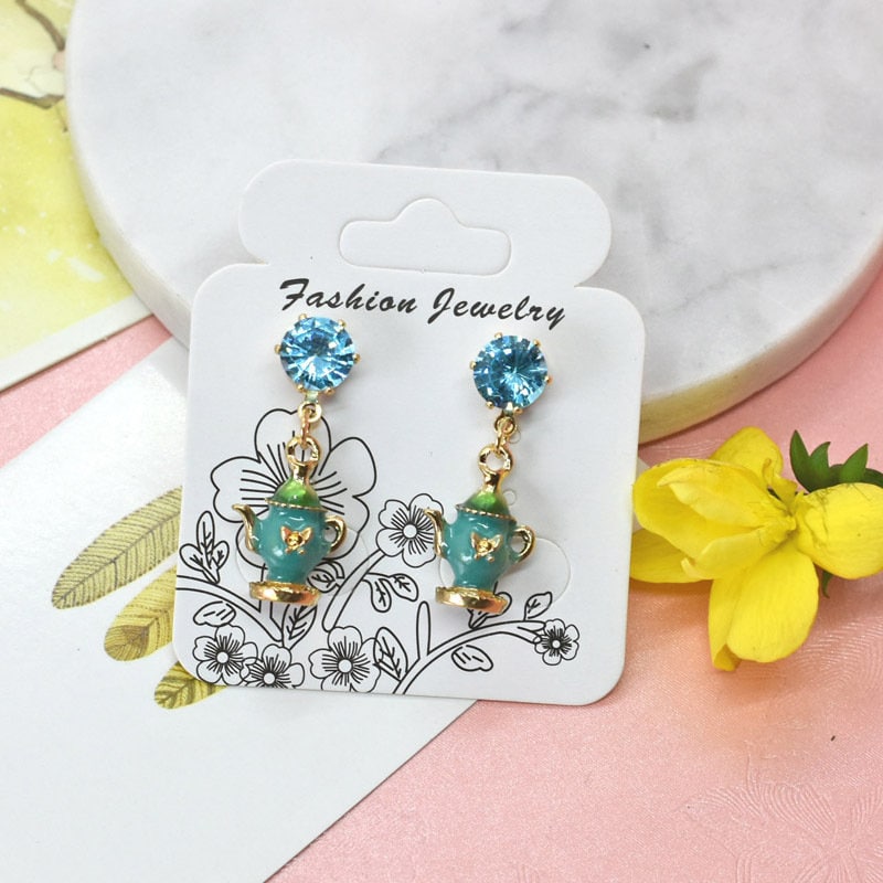 Cute Adorable Enamel Blue Kettle Dangle Sterling Silver Earrings -- Hi Tea!!