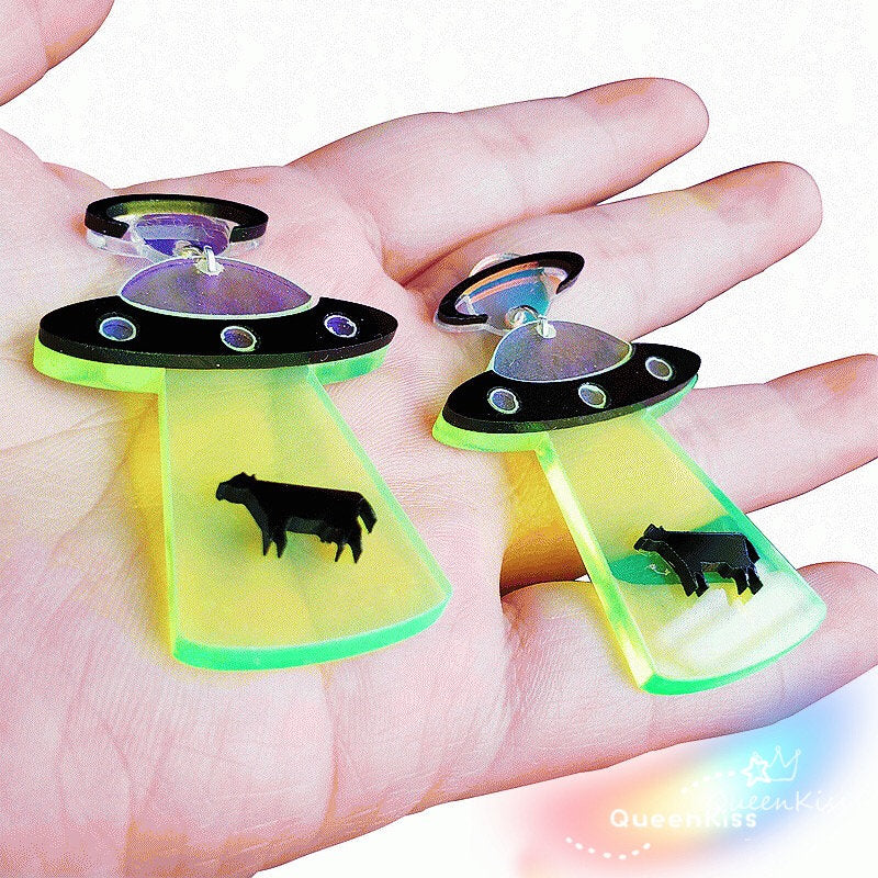Best Seller Cute Light Trendy Quirky UFO Earrings Alien Sucking Cow In Earrings - We need you!!