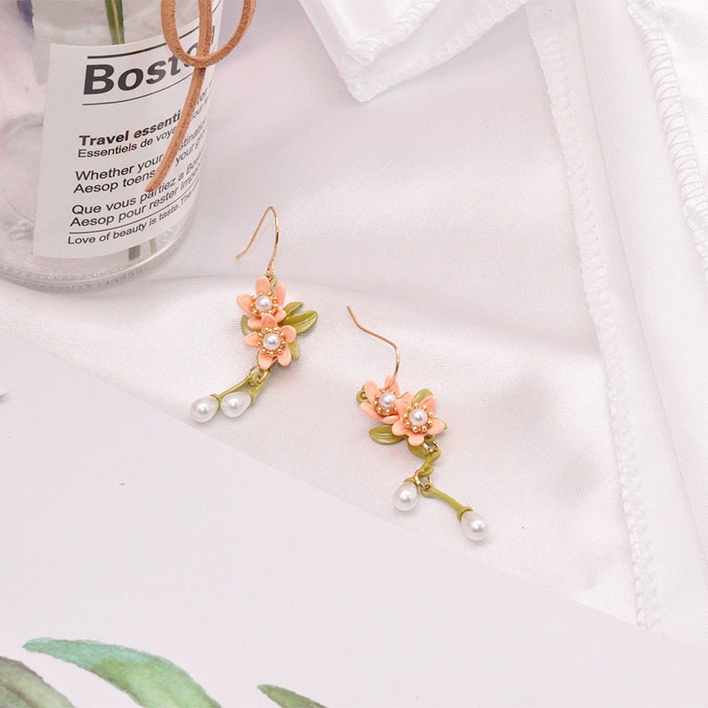 Gorgeous Pearl and Colourful Pink Green White Pink Flowers Earrings -- I love you!!