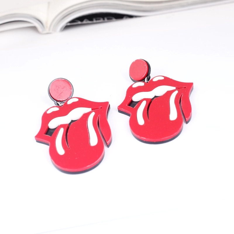 Cute Light Trendy Red Tongue and Lips Out Acrylic Earrings - Kiss Me!!