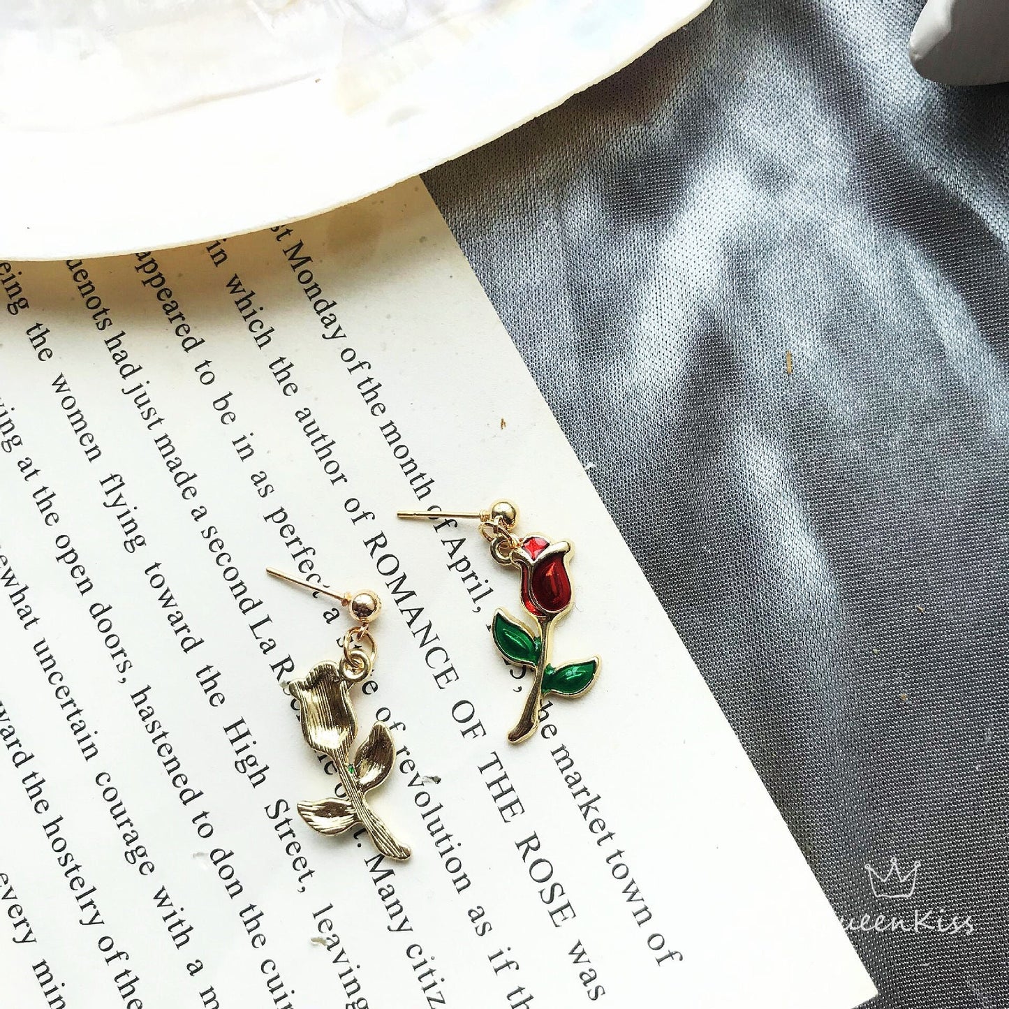 Enamel Red Rose Green Leaves Rose Flowers Dangle Earrings -- Fairy Lady!!