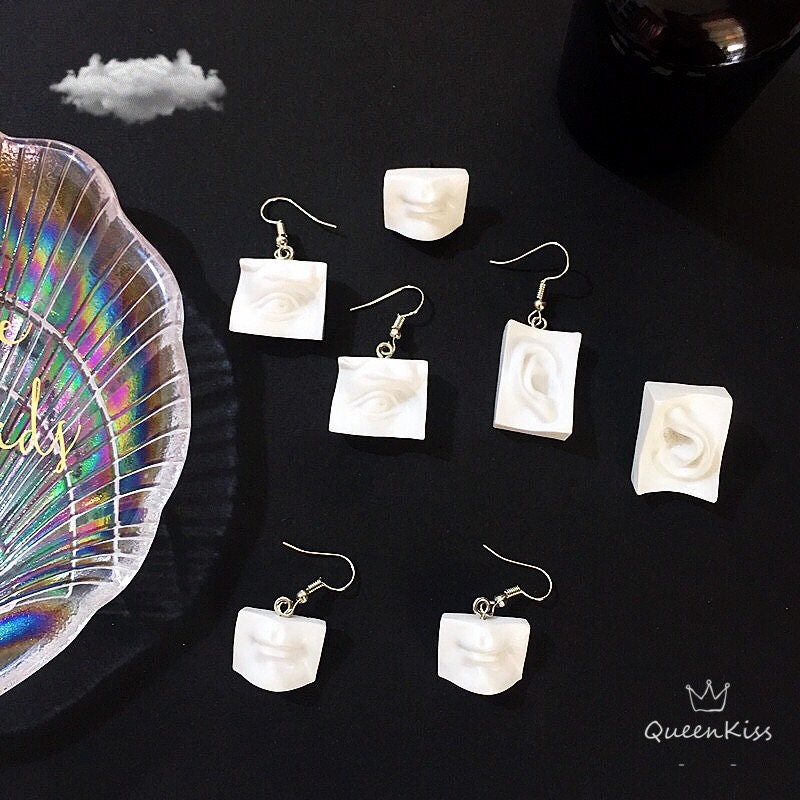 Quirky Sweet Cute Super Light Art Masterpiece Statue Eye Ear Mouth White Acrylic Statue Earrings -- Ce La Vie!!