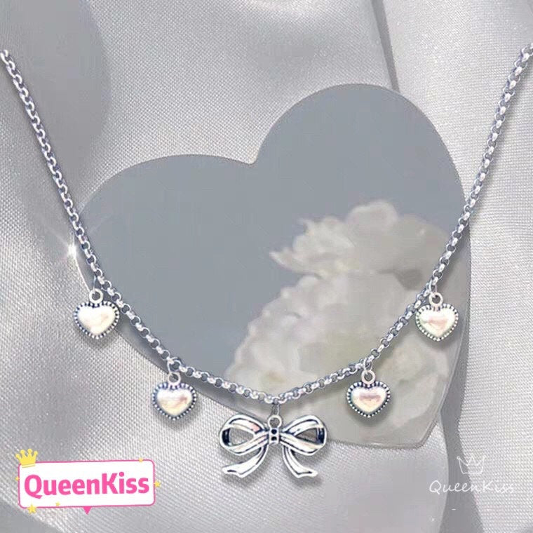 Cute Adorable Lovely Heart and Bowknot Cool Heart Chains Silver Necklace -- In your Eyes!!