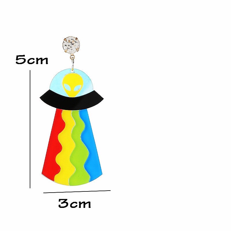 Cute Light Trendy Quirky UFO Colorful Earrings Alien Sucking Cow In Earrings - Rainbow Spaceship!!