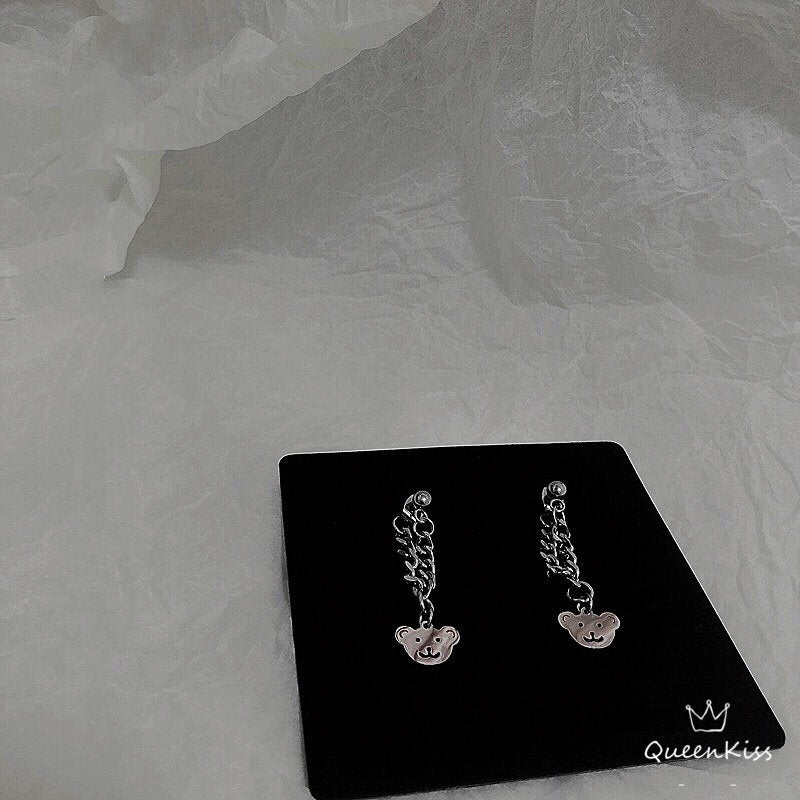 Cute Adorable Teddy Bear Head Dangle Silver Earrings Needle Pierced-- Teddy Loves you!!