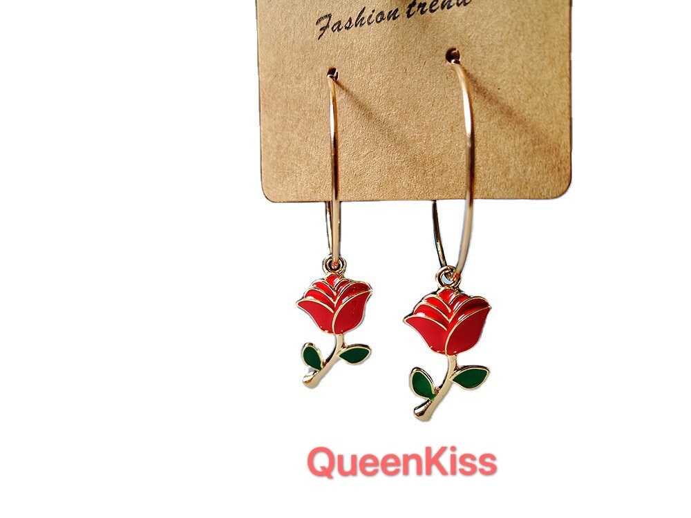 Super Sweet Cute Adorable Light Red Rose Big Circle Earrings -- Rose I Love You!!