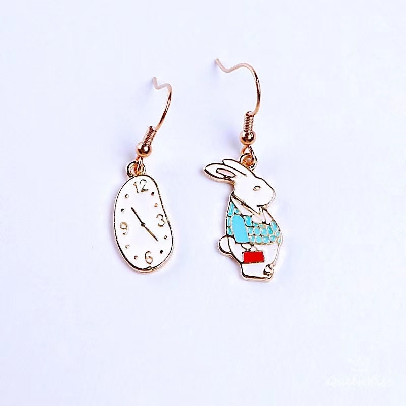 Super Cute Wonderland Rabbit and Clock Enamelled Earrings -- Secret Garden!!