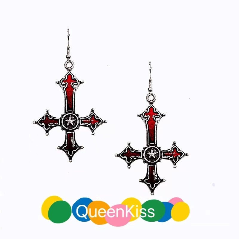 Enamel Earrings Star and Cross Gothic Dangle Earrings Creepy Goth Grunge Earrings