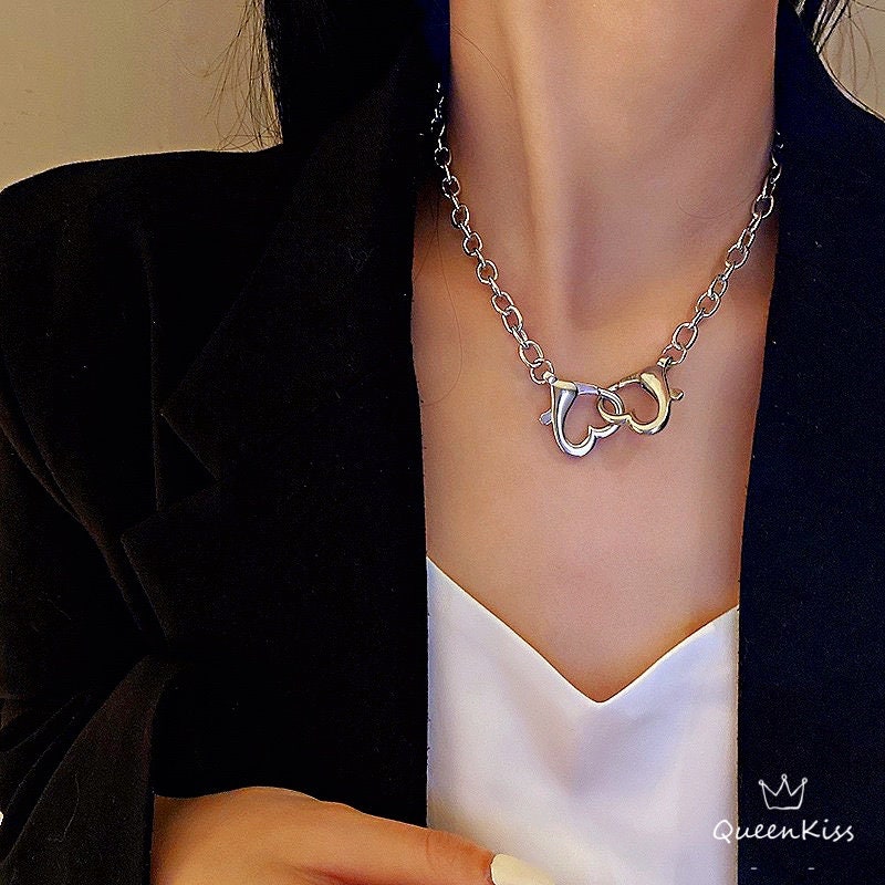 Funky Punk Stainless Steel Double Hearts Hook Up Cool Chains Metal Piece Silver Necklace -- You Are Blue!!