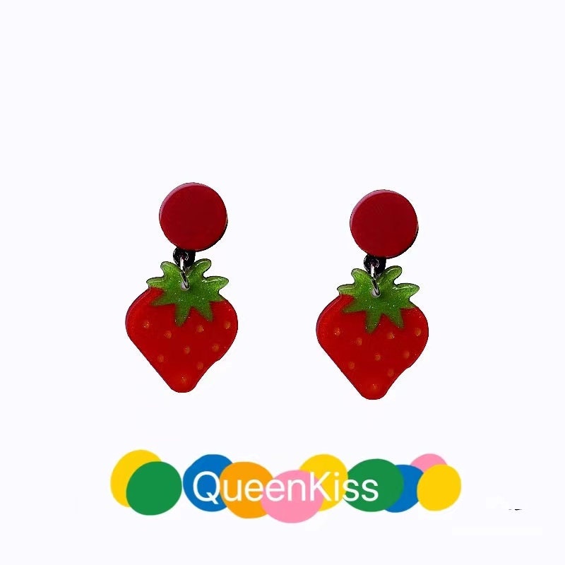 Cute Light Trendy Adorable Red Strawberry and Green Leaves Earrings - Pretty Girl!!