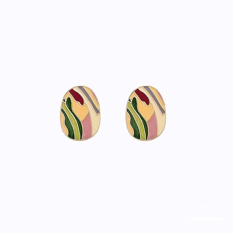 Enamel Colourful Art Piece Stud Rosegold Earrings -- Painter Garden!!