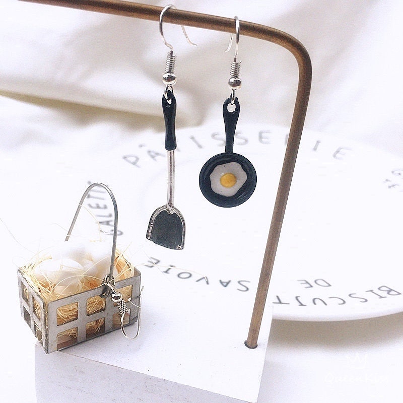 Quirky Sweet Light Cute Egg Flat Pan and Spatula earrings -- Kitchen Mania!!