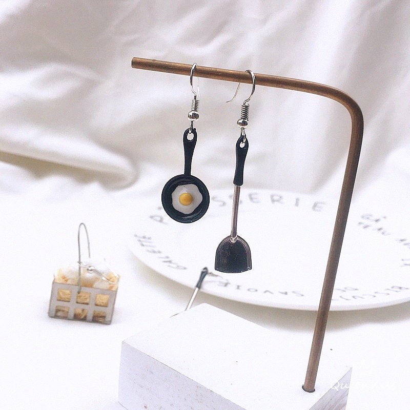 Quirky Sweet Light Cute Egg Flat Pan and Spatula earrings -- Kitchen Mania!!