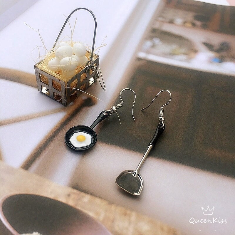 Quirky Sweet Light Cute Egg Flat Pan and Spatula earrings -- Kitchen Mania!!