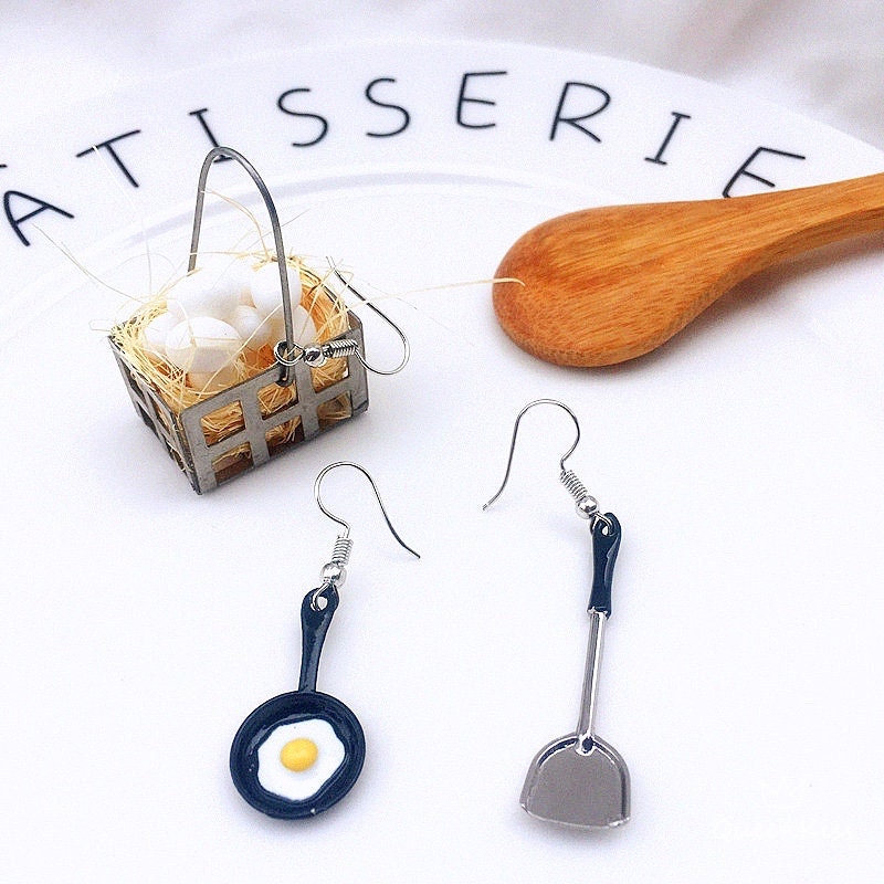 Quirky Sweet Light Cute Egg Flat Pan and Spatula earrings -- Kitchen Mania!!
