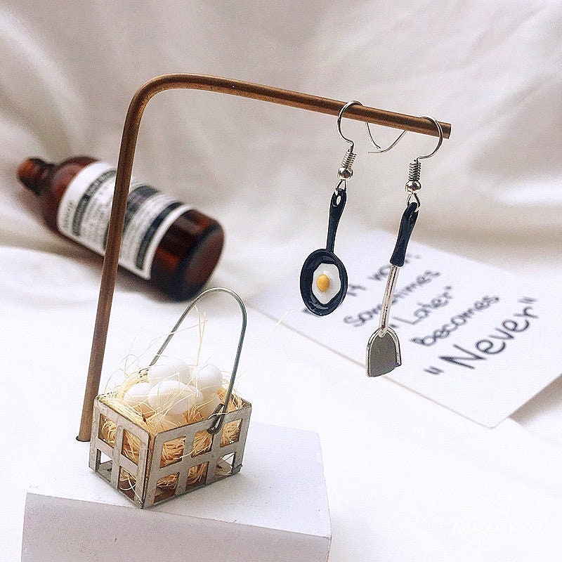 Quirky Sweet Light Cute Egg Flat Pan and Spatula earrings -- Kitchen Mania!!