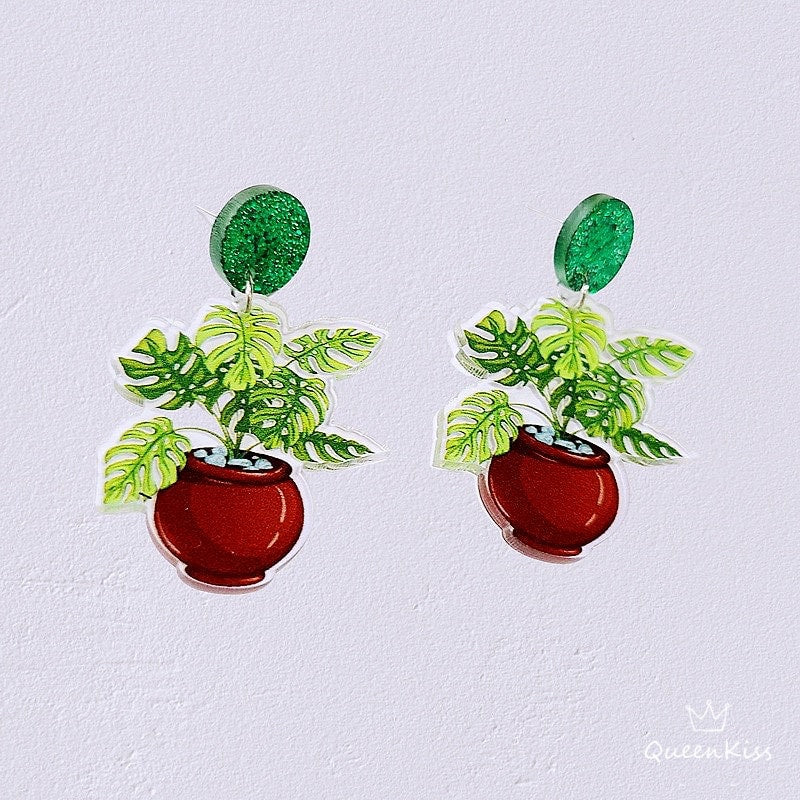 Cute Light Trendy Adorable Plant And Flowerpot Red and Green Earrings - Garden Fairy!!
