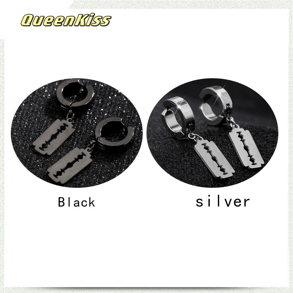 Cool Stainless Steel Razor Silver and Black Earrings -- No Time To Die!!