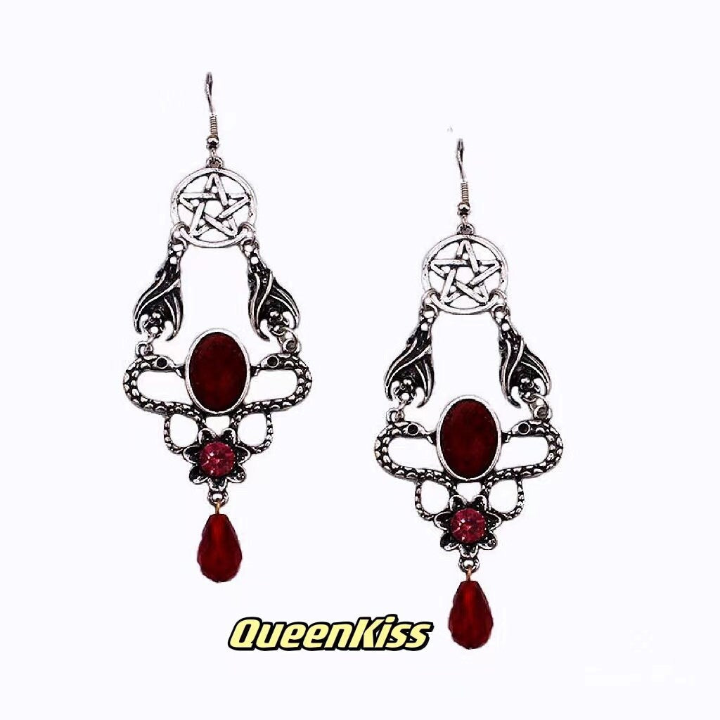 Family Bats Two Bats Blood and Star Gothic Dangle Horror Earrings Halloween Earrings Creepy Goth Grunge Earrings