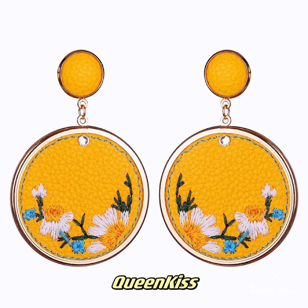 New design Embroidered Flowers Leather Yellow and White Circle Embroidered Earrings -- Blossom Season!!