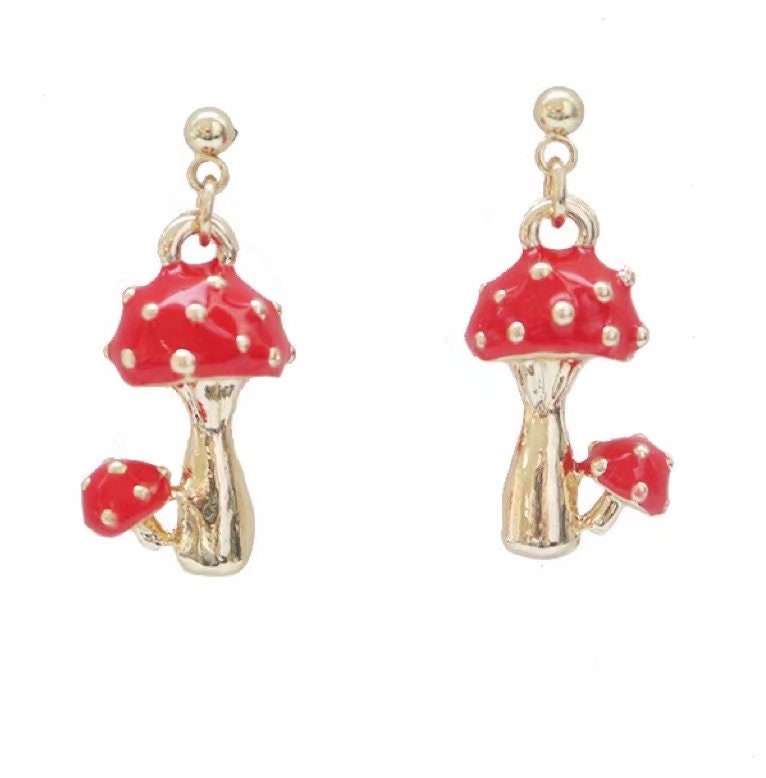Super Cute Gold Plated and Enamelled Mushroom One Pair of Earrings -- Vivid Sydney!!