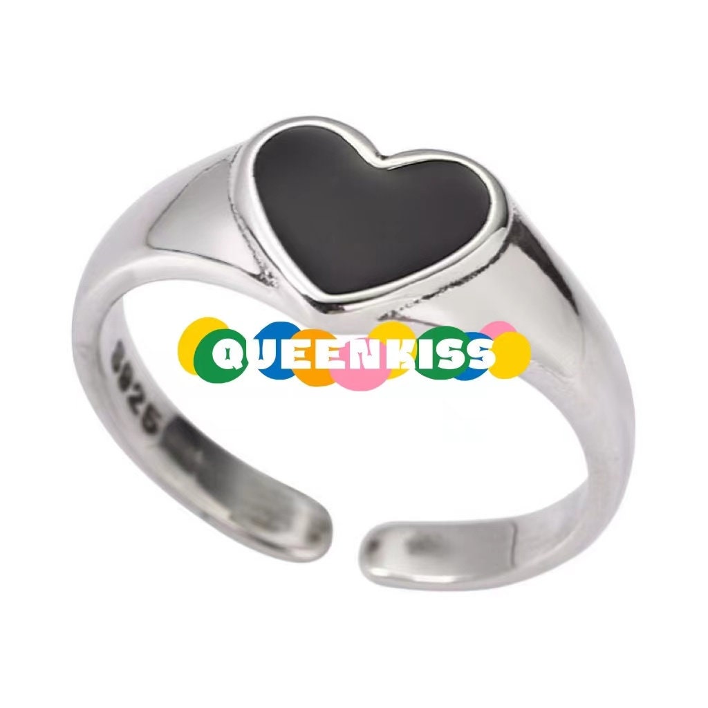 Vintage Black Heart Spot Adjustable 925 Sterling Silver Plated Ring