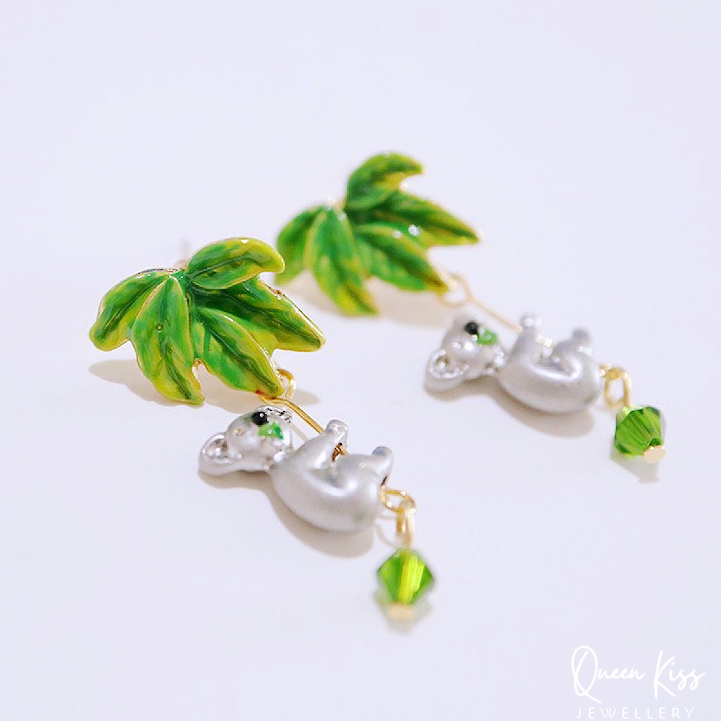 Enamel Green Leaves and Koala Dangle Earrings -- Australian Wild Life!!