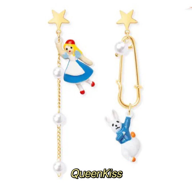 Super Cute Wonderland Alice Star and Rabbit Star Enamelled Earrings -- Wonderful World!!
