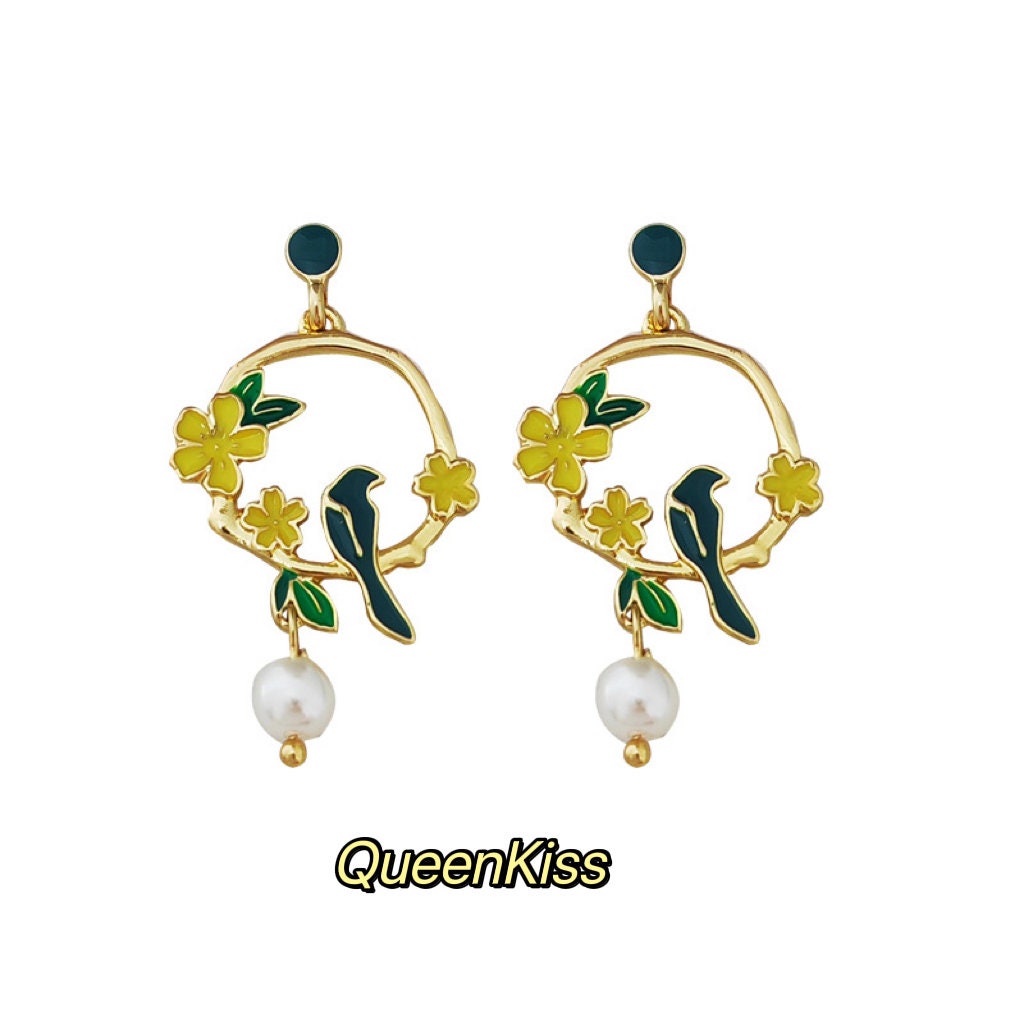 Enamel Bird and Yellow Flower Pearl Circle Earrings -- Garden Tale!