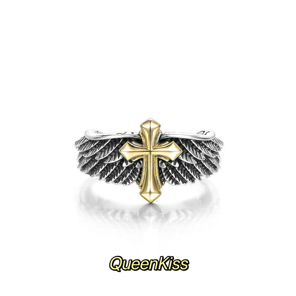 S925 Sterling Silver Vintage Adorable Cross on Wings Adjustable Silver Ring