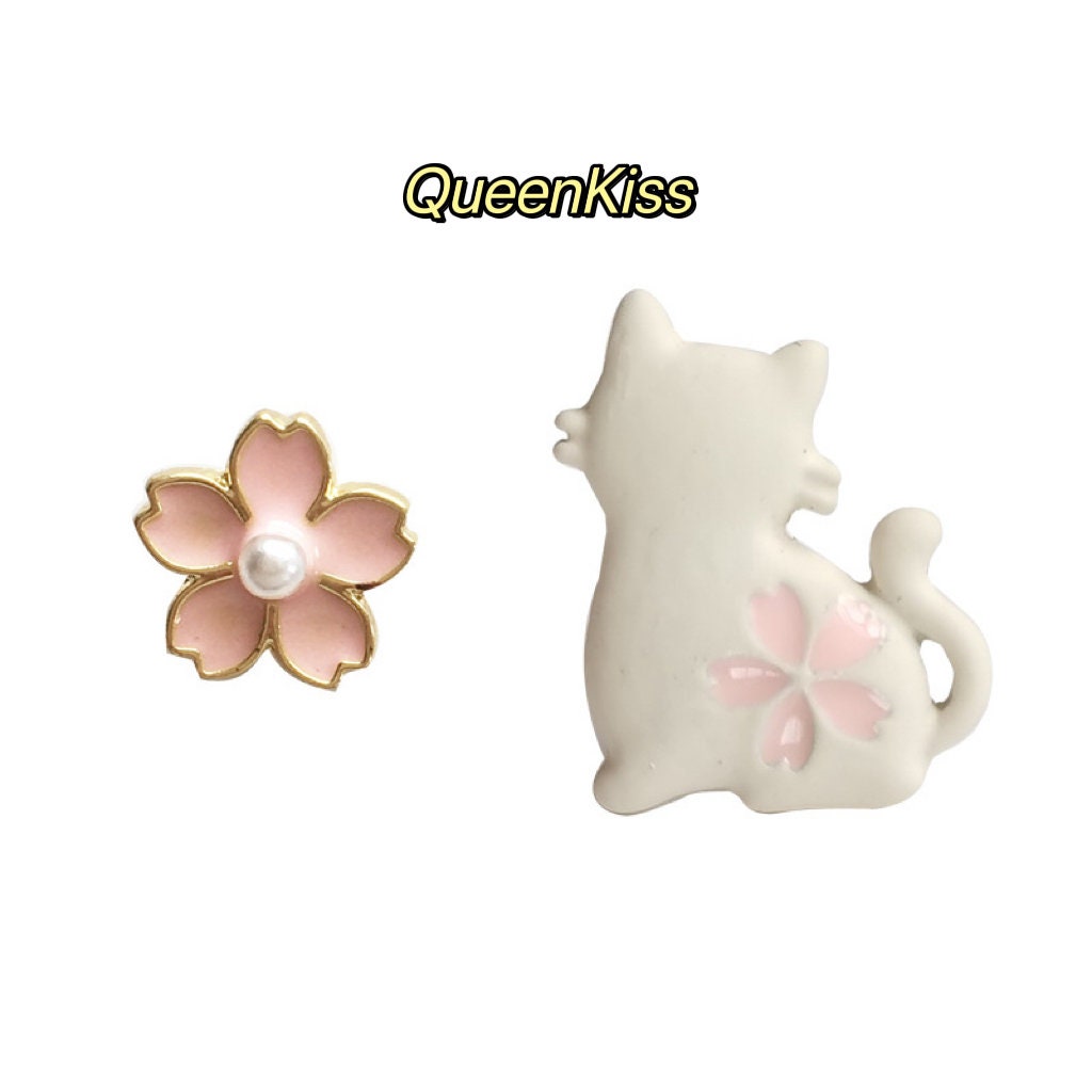 Sterling Silver 925 Stud Earrings Cute Cat Kitty and Flower Stud Earrings Gift for her
